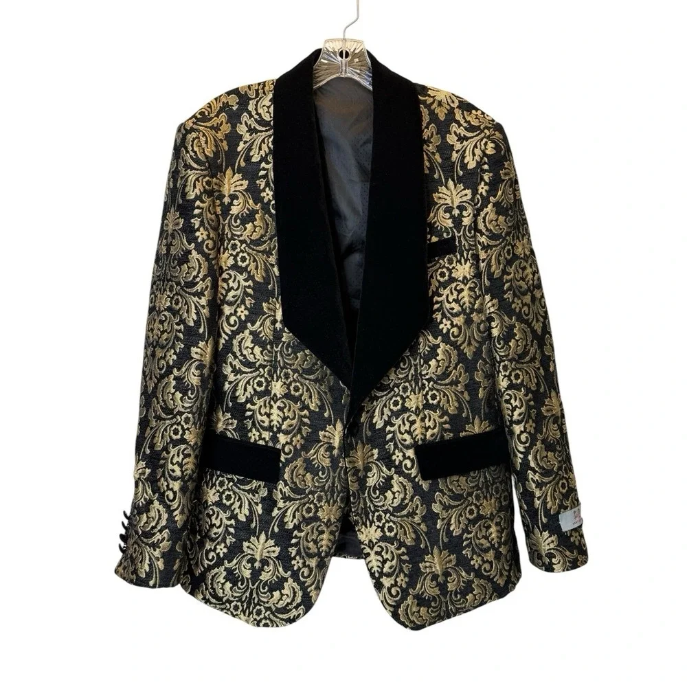 Kent‎ & Park Black and Gold Fleur De Lis Suit Jacket and Vest Mens 42R Italy